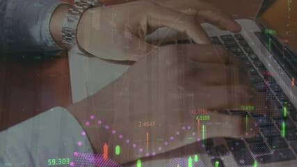 Poster - Animation of statistics processing over businessman using laptop