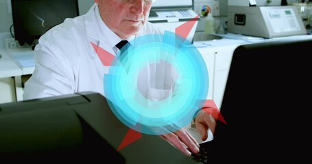 Poster - Animation of scope scanning over male scientist using computer