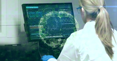 Poster - Animation of human brain spinning over female scientist using computer