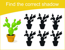 Vector Illustration Of Educational Shadow Matching Game With  сactus For Children. Find The Correct Shadow.