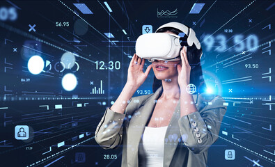 Poster - Businesswoman in formal wear is wearing vr helmet