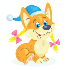 Canvas Print - Funny corgi puppy sits in a hat of Santa Claus. In cartoon style. Isolated on white background. Vector flat illustration.