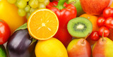 Fototapeta Kuchnia - background from various fruits and vegetables. Wide photo.