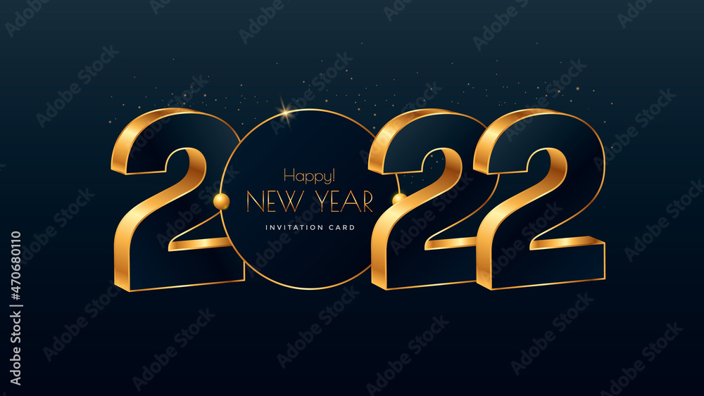 Happy New Year 2022 gold numbers typography greeting card design on ...