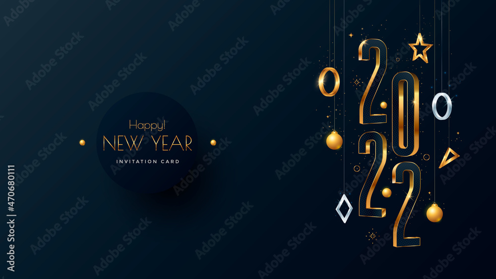 Happy New Year 2022 gold numbers typography greeting card design on ...