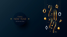 Happy New Year 2022 Gold Numbers Typography Greeting Card Design On Dark Background. Merry Christmas Invitation Poster With Golden Decoration Elements.