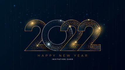 Wall Mural - Happy New Year 2022 gold numbers typography greeting card design on dark background. Christmas invitation poster with golden glitter 3d numeral