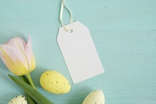 Easter Gift Tag, Favor Bag Tag, Rectangle Label Mockup For Design Presentation, Composition With Tulip And Decorative Eggs.