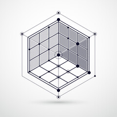 Poster - Vector of abstract geometric 3D cube pattern and black and white background. Layout of cubes, hexagons, squares, rectangles and different abstract elements.