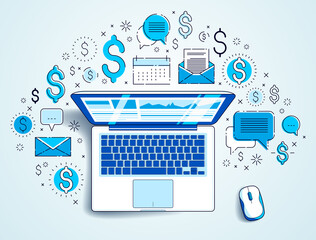 Fototapete - Laptop with statistics infographics and set of icons, online business, internet electronic finances, vector design.