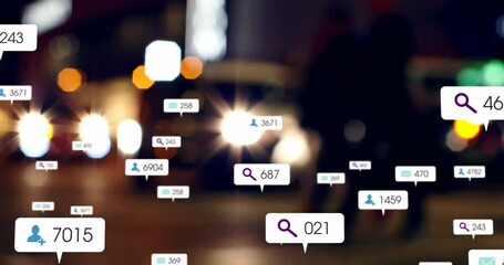 Poster - animation of social media icons and numbers over out of focus city and traffic lights