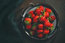 Ripe Fresh Farmed Natural Strawberries On A Metal Tray On The Table, Flat Lay, Top View