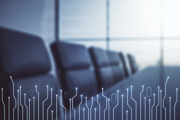 Poster - Abstract virtual microscheme illustration on a modern conference room background. Big data and database concept. Multiexposure