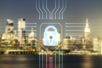 Poster - Double exposure of virtual creative lock hologram with chip on blurry cityscape background. Information security concept