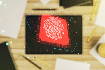 Poster - Double exposure of abstract creative fingerprint hologram and digital tablet on background, top view, research and development concept