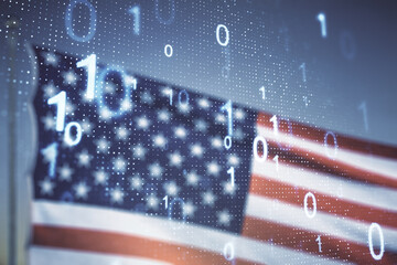Poster - Abstract virtual binary code illustration on US flag and blue sky background. Big data and coding concept. Multiexposure