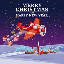 Santa Claus Flying On Vintage Plane, Delivering Gift Boxes, Night City Background. Christmas Poster, Banner Retro Cartoon Style Illustration