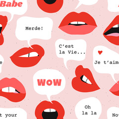 Talking woman mouth vector seamless pattern. Girl power cheeky quotes background. Red Pink sassy lips fashion design.