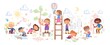 Children drawing. Child painting on floor, colorful kindergarten group. Preschool kids with crayon and markers, flat cute toddler play decent vector characters