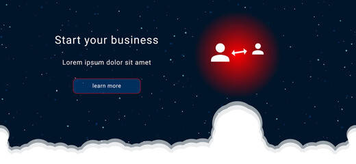 Poster - Business startup concept Landing page screen. The social distance symbol on the right is highlighted in bright red. Vector illustration on dark blue background with stars and curly clouds from below