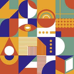 Poster - Bauhaus seamless pattern. Scandinavian geometric wallpaper, bright minimalist print. Abstract decorative squares print, retro art swanky tiles vector texture