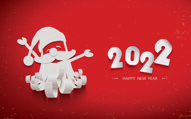 Wall Mural - Happy New Year 2022 greeting card with white paper cut Santa Claus and text isolated on a red background,vector illustration