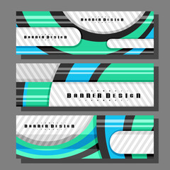 Wall Mural - Vector Headers Set, 3 colorful layouts with decorative design curves with copy space for ad text, creative header templates for advertising, horizontal promo concepts with gray striped background.