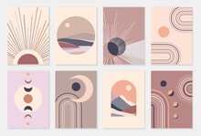 Set Of Abstract Contemporary Posters With Sun Moon And Landscape In Boho Style. Mid Century Minimalist Background For Home Decoration, Wall Decor Or Covers. Vector