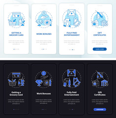 Vaccination incentives onboarding mobile app page screen. Grocery card walkthrough 4 steps graphic instructions with concepts. UI, UX, GUI vector template with linear night and day mode illustrations