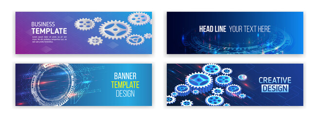 Set of modern banner templates for websites. Abstract social media cover design. Horizontal header web background. High tech design with technological elements. Science and digital technology concept