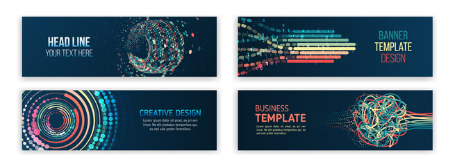 Poster - Set of modern banner templates for websites. Abstract social media cover design. Horizontal header web background. Visualization of data arrays, databases. Information flow, sorting.