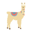 a beige llama with closed eyes stands with a rug on its back and blue red and white buboes around its neck