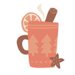 Mulled wine in big cute mug. Cupof Christmas drink with mulling spices and orange slice. Freehand isolated element. Vector flat hand drawn Illustration. Only 5 colors - Easy to recolor.