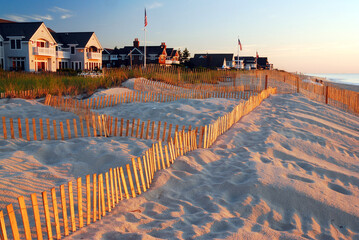 snow fences help prevent erosion of sand dunes that protect summer homes