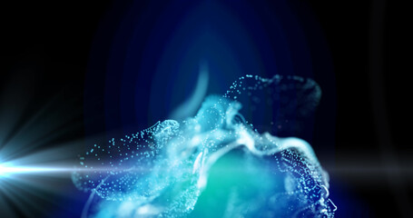 Poster - Image of glowing white and blue particle cloud and light moving on black background