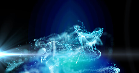 Sticker - Image of glowing white and blue particle cloud and light moving on black background