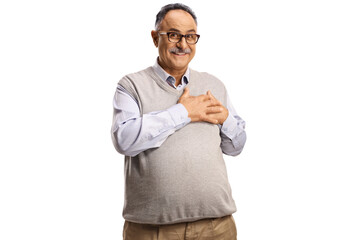 Poster - Smiling mature man holding his heart and expressing love