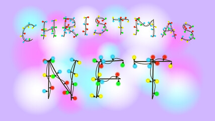 Wall Mural - christmas nft non fungible token text from glowing garland dots on colorful blurred background. pay 