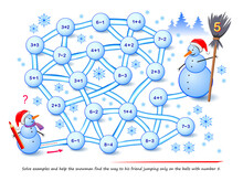 Math Education For Children. Logic Puzzle Game With Maze For Kids. Solve Examples And Help The Snowman Find The Way To His Friend Jumping Only On The Balls With Number 5. Draw The Path. Play Online.