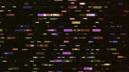 Poster - Technological background with slow motion of rectangles surrounded by numeric data, seamless loop. Animation. Abstract colorful rectangular shapes with moving numbers.