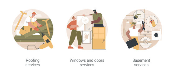 Poster - house maintenance abstract concept vector illustration set. roofing services, windows and doors repl