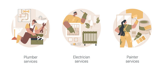 Poster - contractor services abstract concept vector illustration set. plumber and electrician services, resi