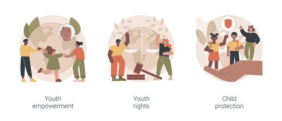 Poster - Young people rights protection abstract concept vector illustration set. Youth rights and empowerment, child protection, take action, improve life quality, involvement, voting age abstract metaphor.