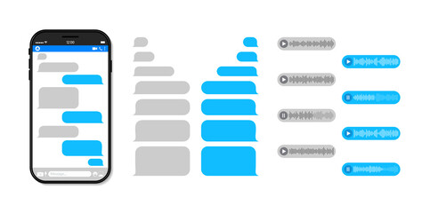 Poster - Phone message for text and audio chat. Mockup of smartphone with balloon for text sms and audio message. Screen of mobile phone with speech bubble. Social messenger. Vector