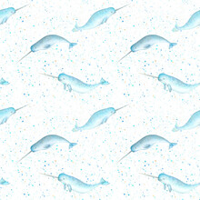 Watercolor Blue Teal Narwhals Seamless Pattern Background