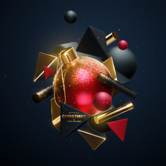 Wall Mural - Merry Christmas and Happy New Year golden sign with 3d shapes and Christmas ball.