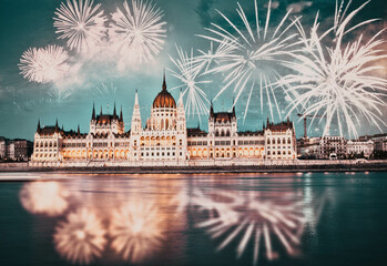 Sticker - fireworks around Hungarian parliament-  New Year, Budapest