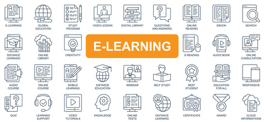 Fototapete - E-learning concept simple line icons set. Bundle of global education, study program, video lesson, digital library, webinar and other. Vector pack outline symbols for website or mobile app design