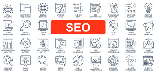 Fototapete - SEO concept simple line icons set. Bundle of optimization, solution, landing page, keyword, ranking, video marketing, target and other. Vector pack outline symbols for website or mobile app design