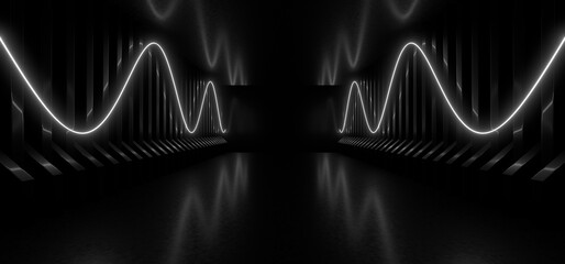 Fototapete - A dark tunnel lit by white neon lights. Reflections on the floor and walls. 3d rendering image.
